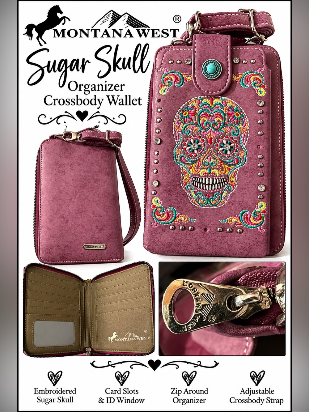 Montana West Sugar Skull Embroidered Organizer Crossbody Wallet Purple